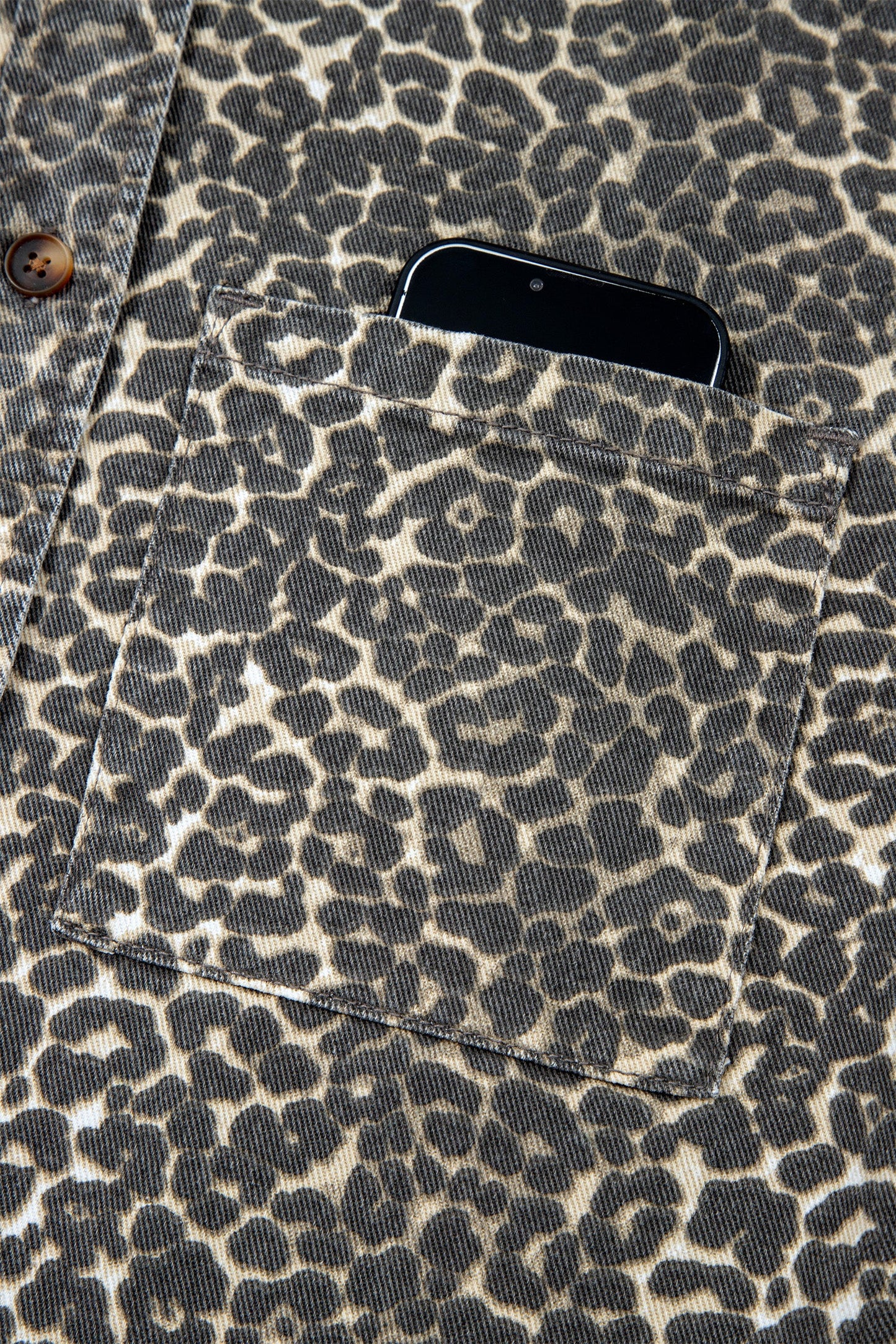 Leopard Denim Short Sleeve Button Up Cropped Shirt