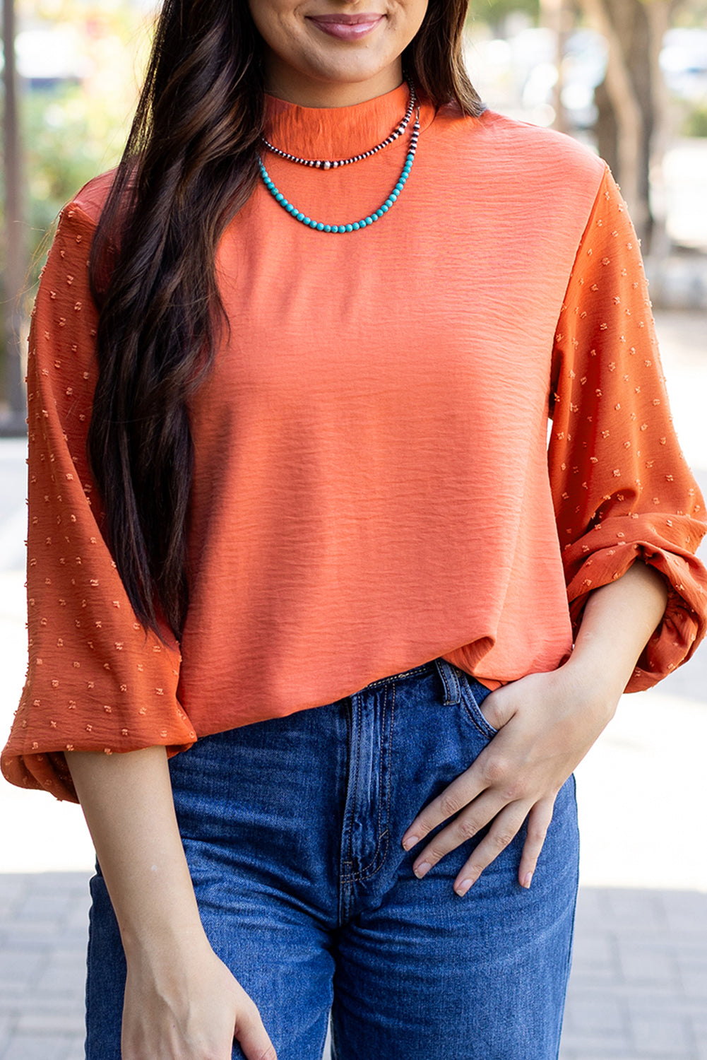 Solid Swiss Dot Balloon Sleeve Blouse