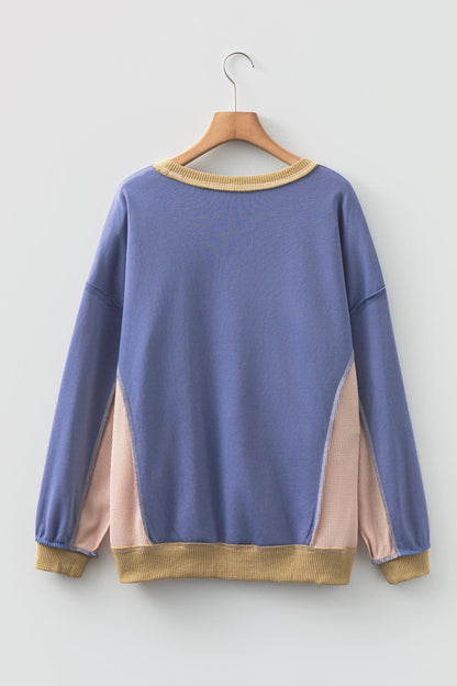 Colorblock Waffle Knit Patchwork Reverse Seam Oversize Sweatshirt