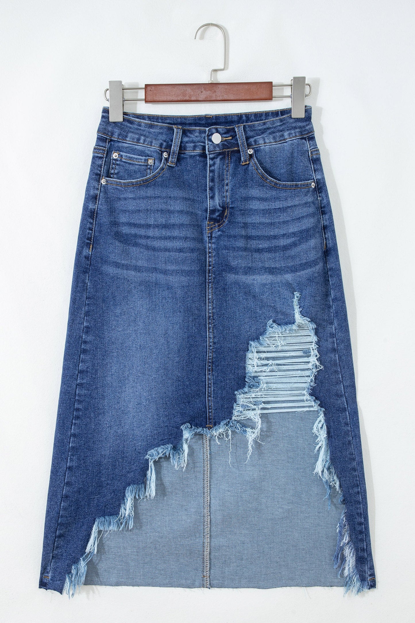 Denim Asymmetrical Distressed Midi Skirt