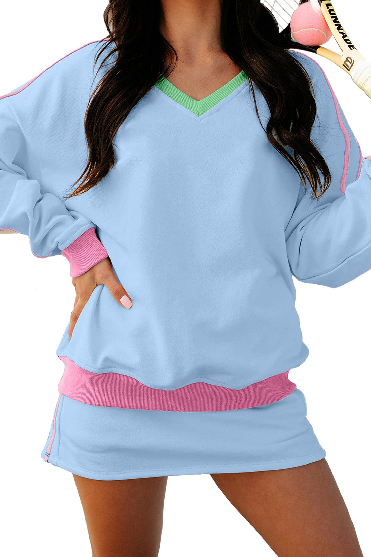 Colorblock Ribbed V-Neck & Skort Athleisure Set