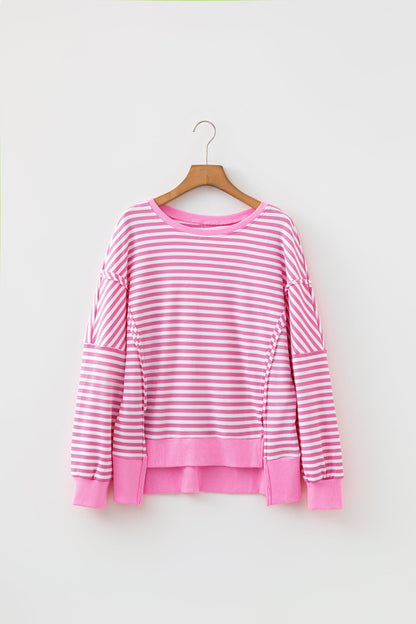 Stripe Textured Knit Exposed Seam Split Hem Sweater