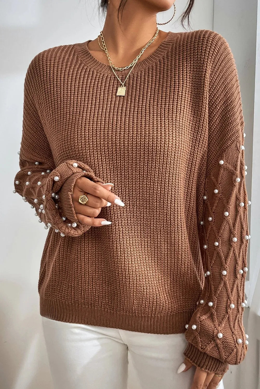 Pearl Detail Round Neck Long Sleeve Sweater