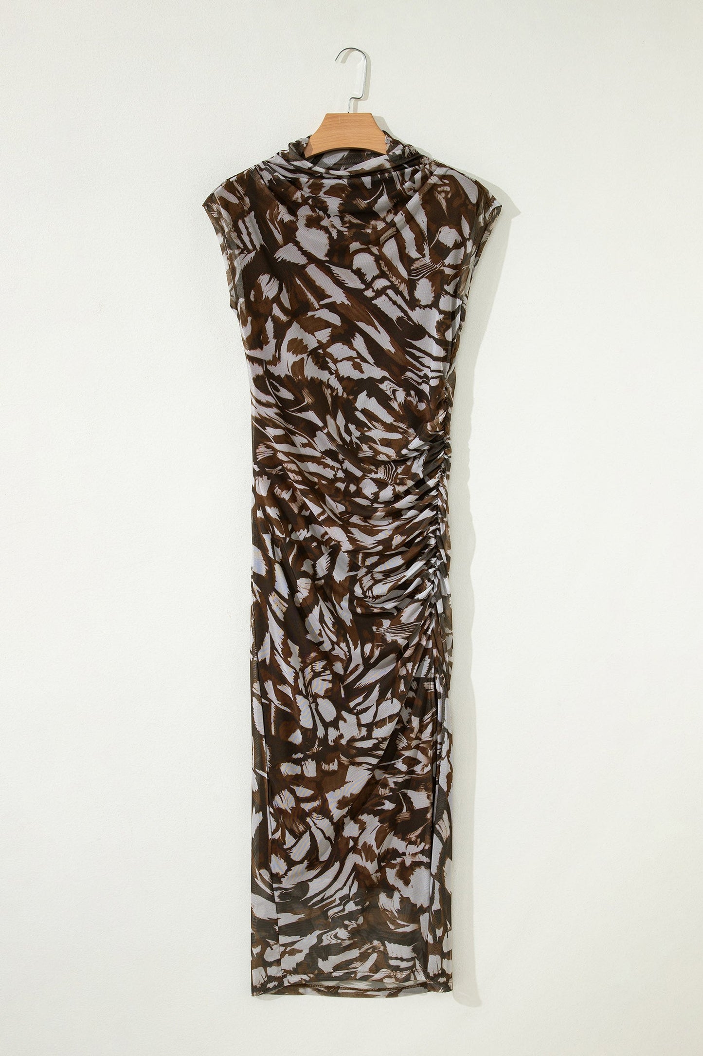 Abstract Mesh Cowl Neck Ruched Slit Midi Dress