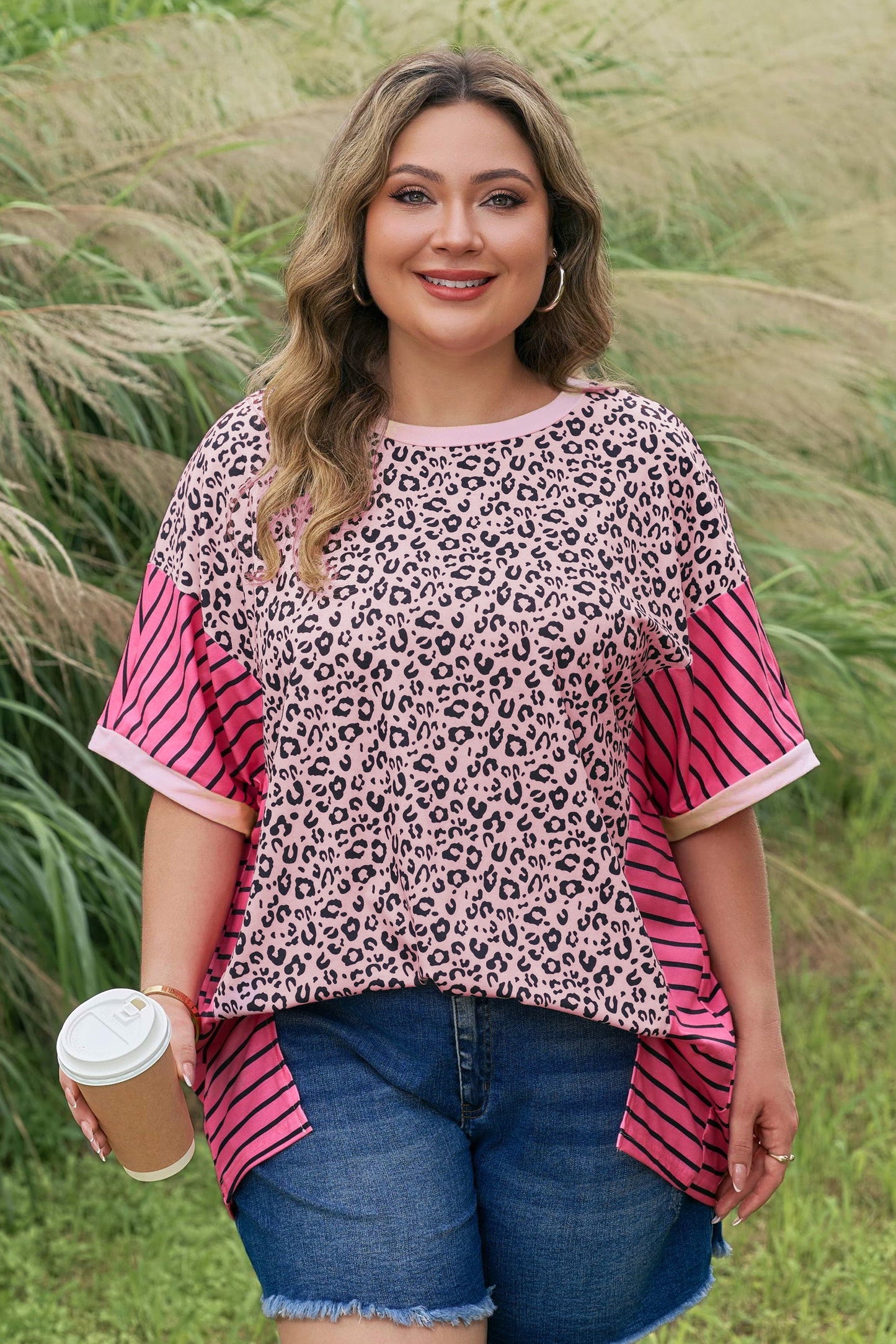 Plus Size Leopard Stripe Contrast Patchwork Tee