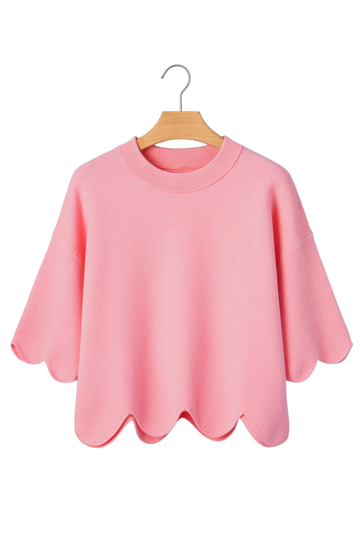 Solid Scalloped Hem 3/4 Sleeve Sweater Top