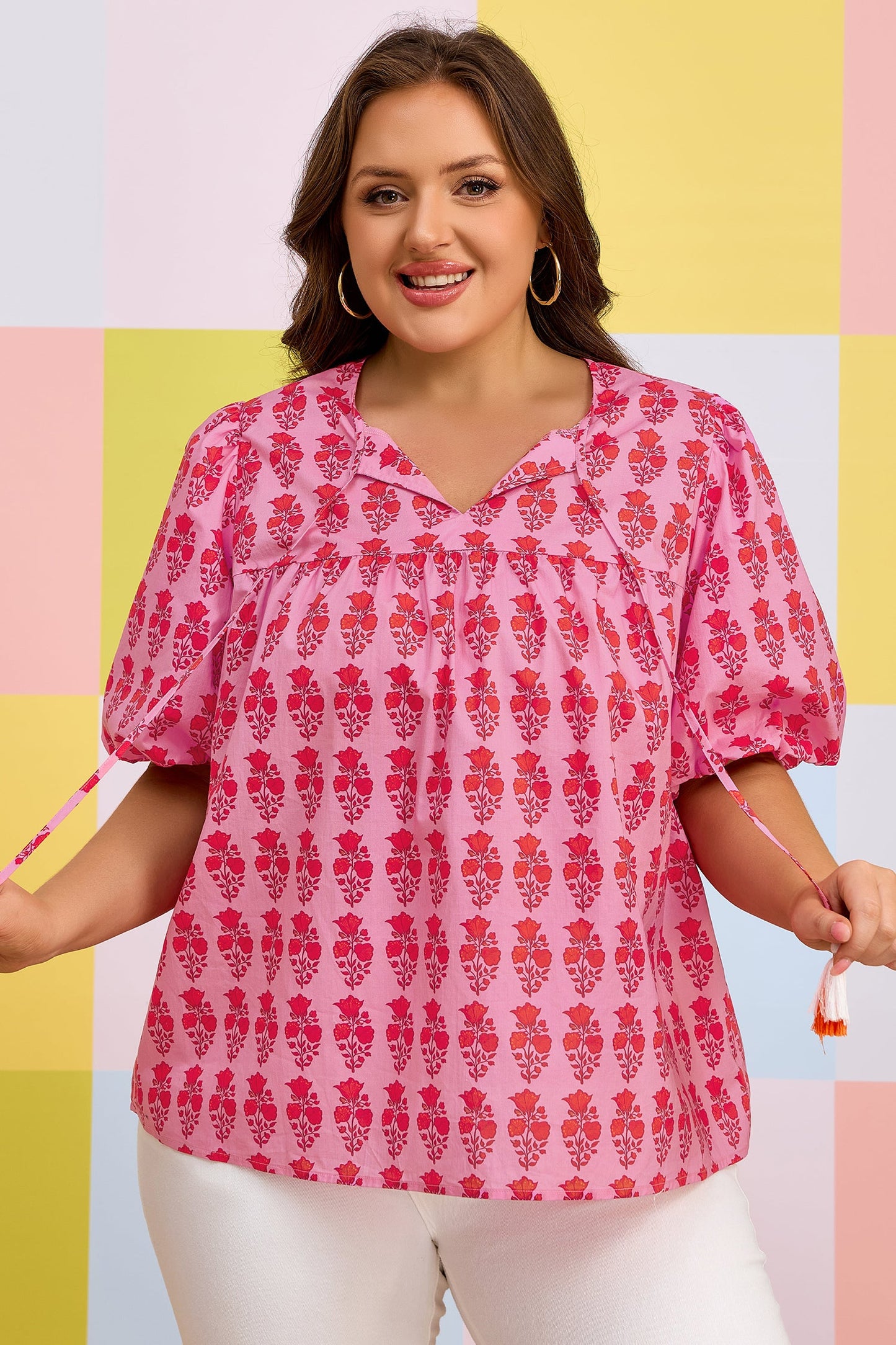 Plus Size Floral Tassel Tie Puff Sleeve Blouse