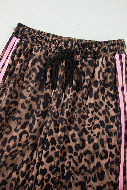 Leopard Contrast Stripe Hoodie & Drawstring Pants Set