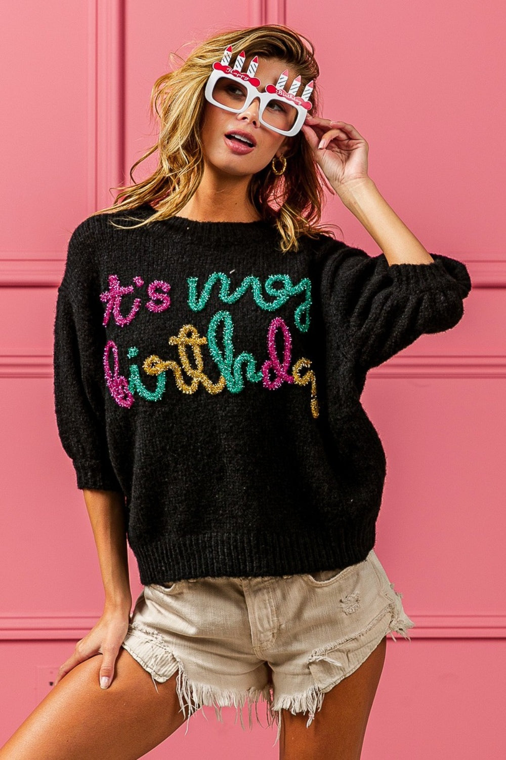 BiBi Metallic It's My Birthday Letter Puff Sleeve Hairy Sweater