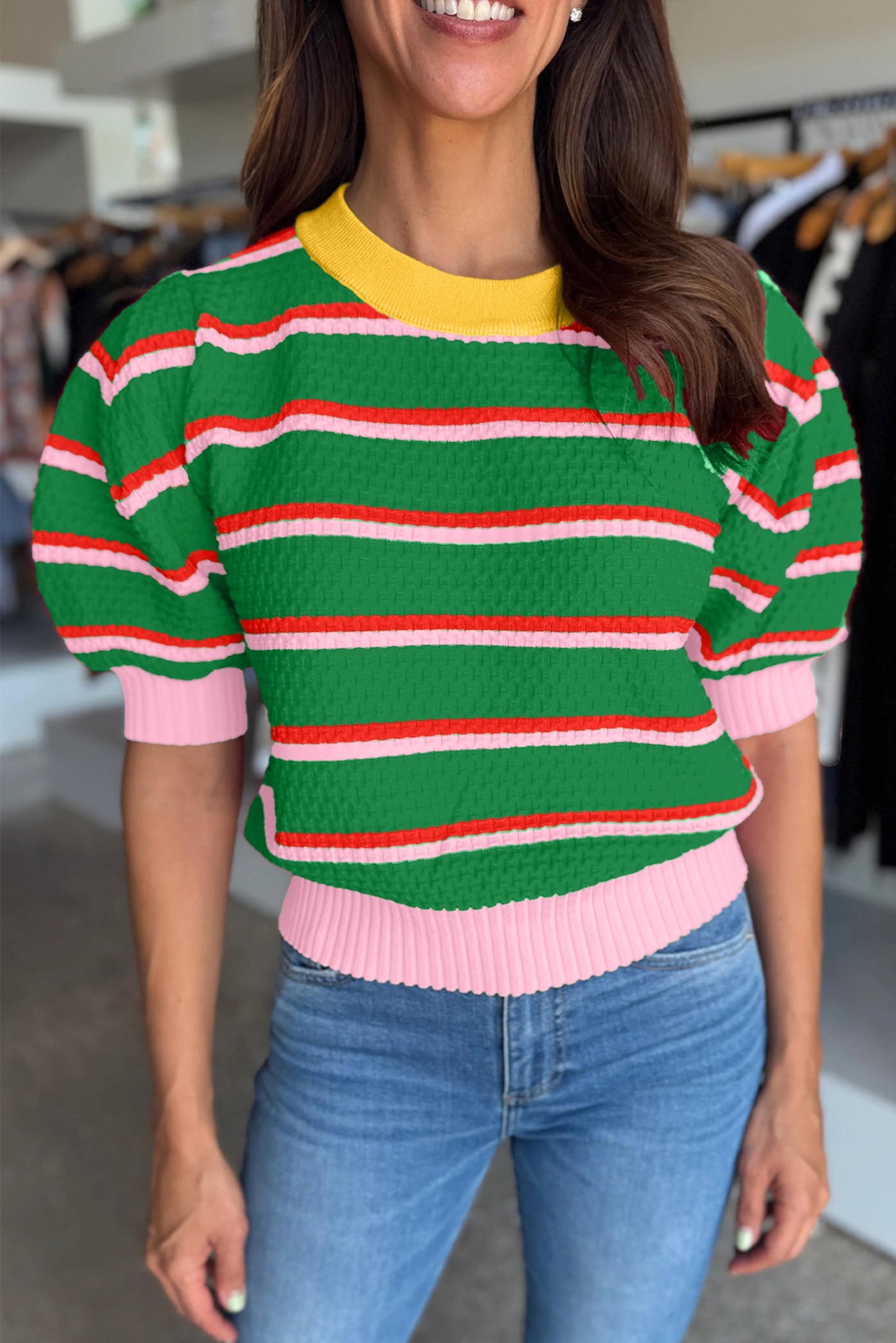 Stripe Colorblock Trim 3/4 Sleeve Sweater Top