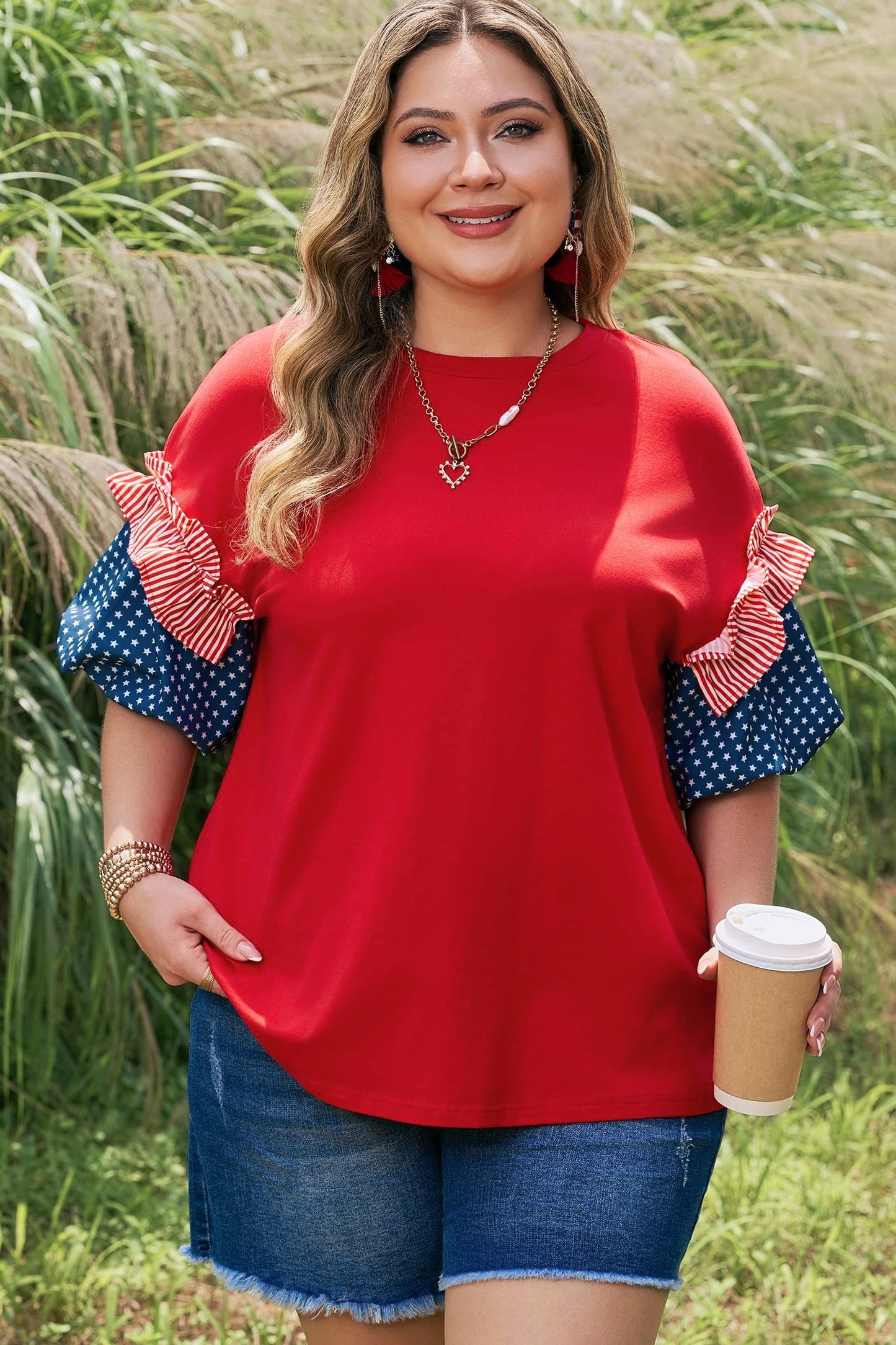 Plus Size Stars & Stripe Patchwork Puff Sleeve Top
