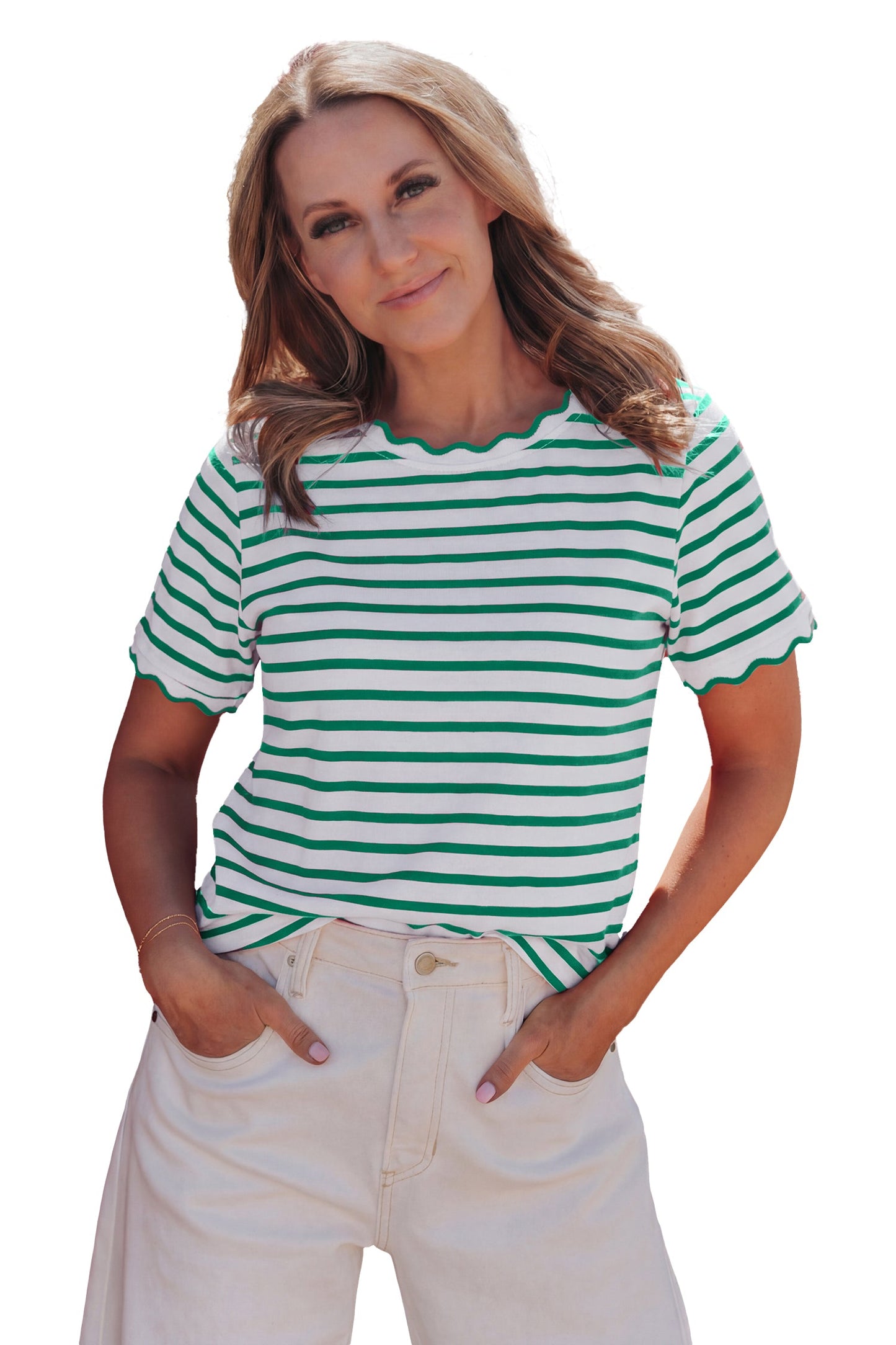 Stripe Scallop Trim Round Neck T-Shirt