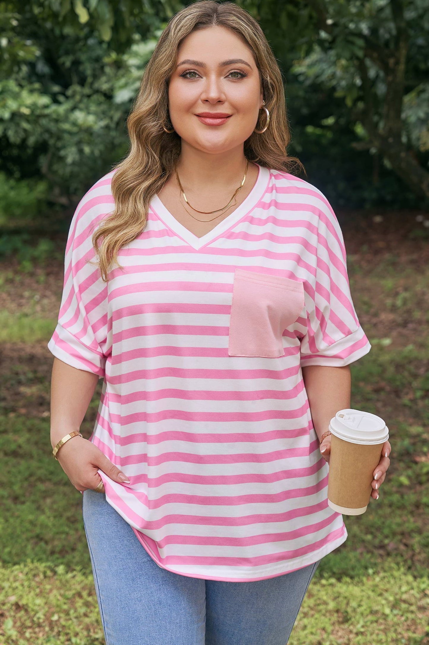 Plus Size Stripe Colorblock Patch Pocket Tee
