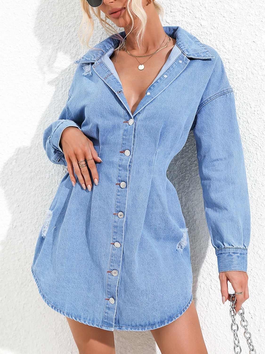 Iyanna Distressed Long Sleeve Denim Dress