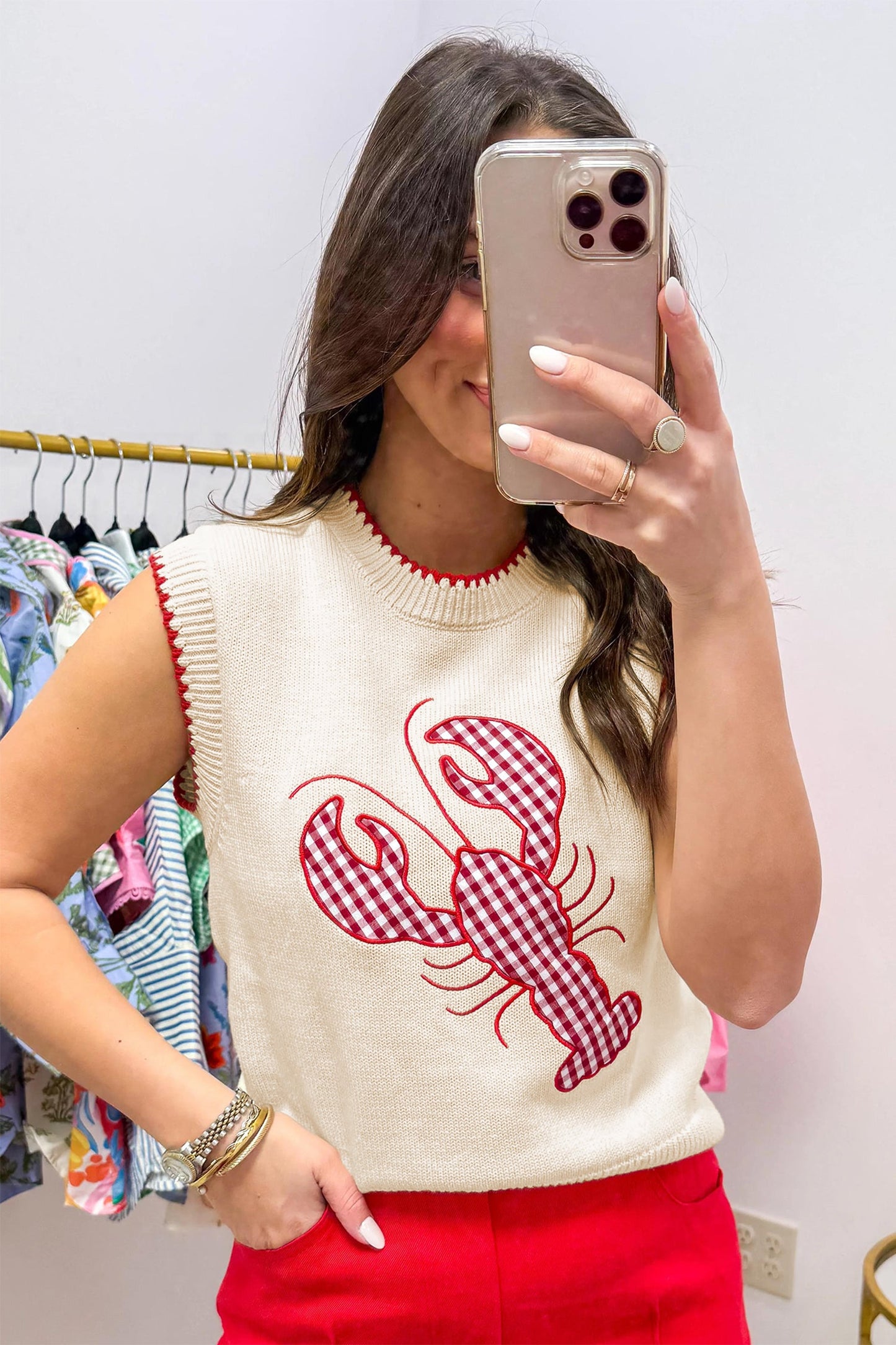 Gingham Plaid Crawfish Sleeveless Sweater Top