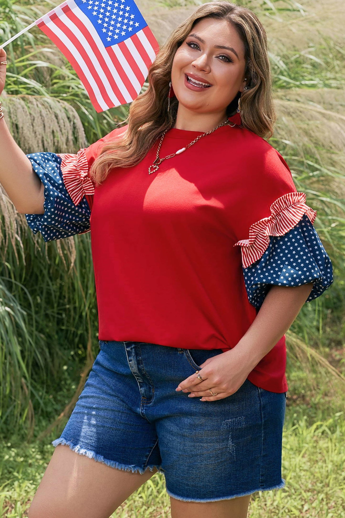 Plus Size Stars & Stripe Patchwork Puff Sleeve Top