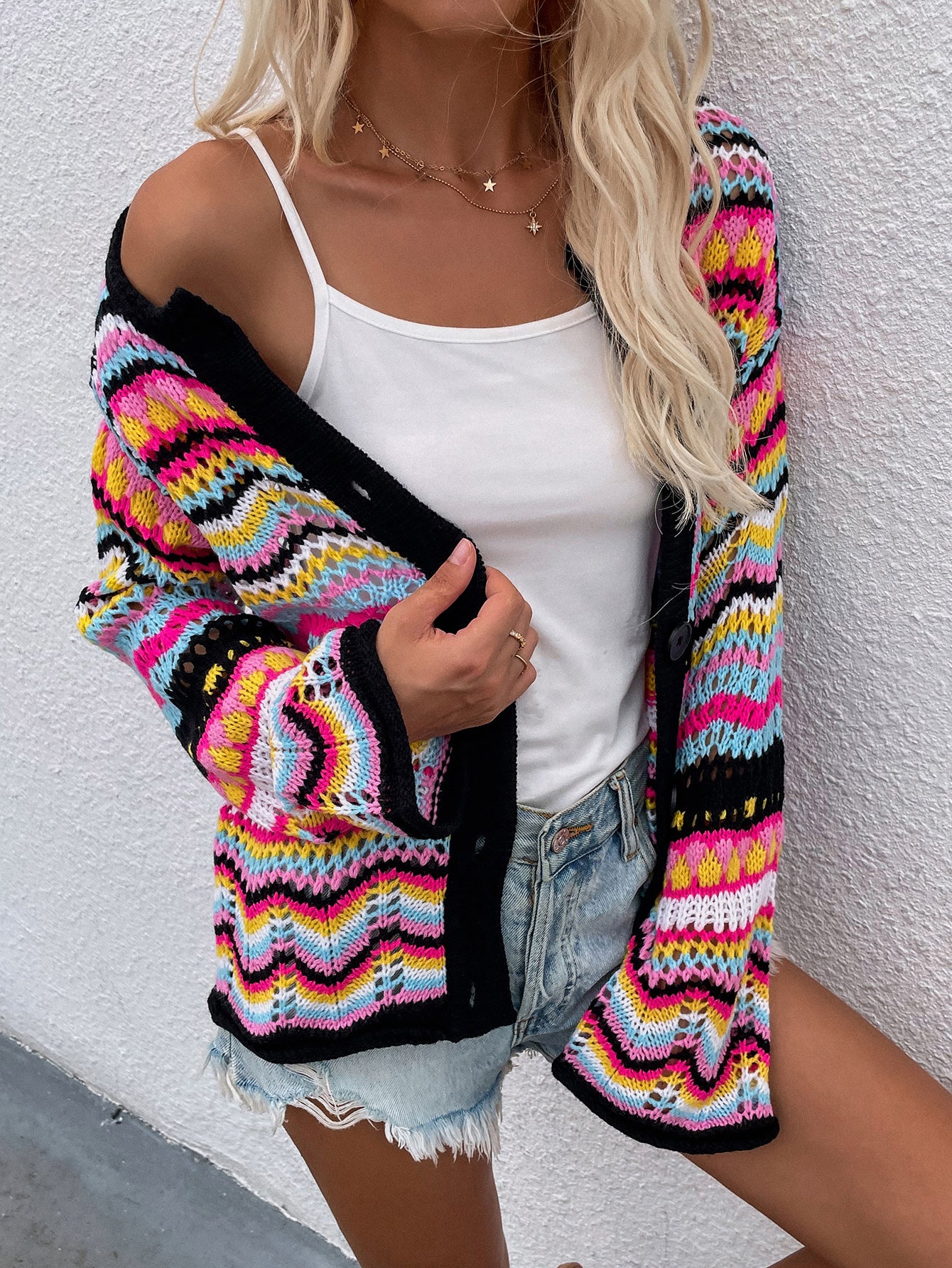 Chevron Striped Openwork Cardigan