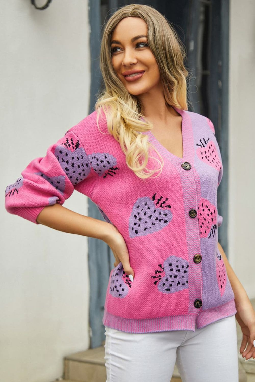 Strawberry Printed V-Neck Button-Down Long Sleeve Cardigan
