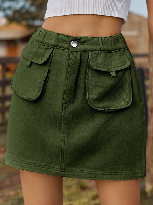 Pocketed Elastic Waist Denim Skirt