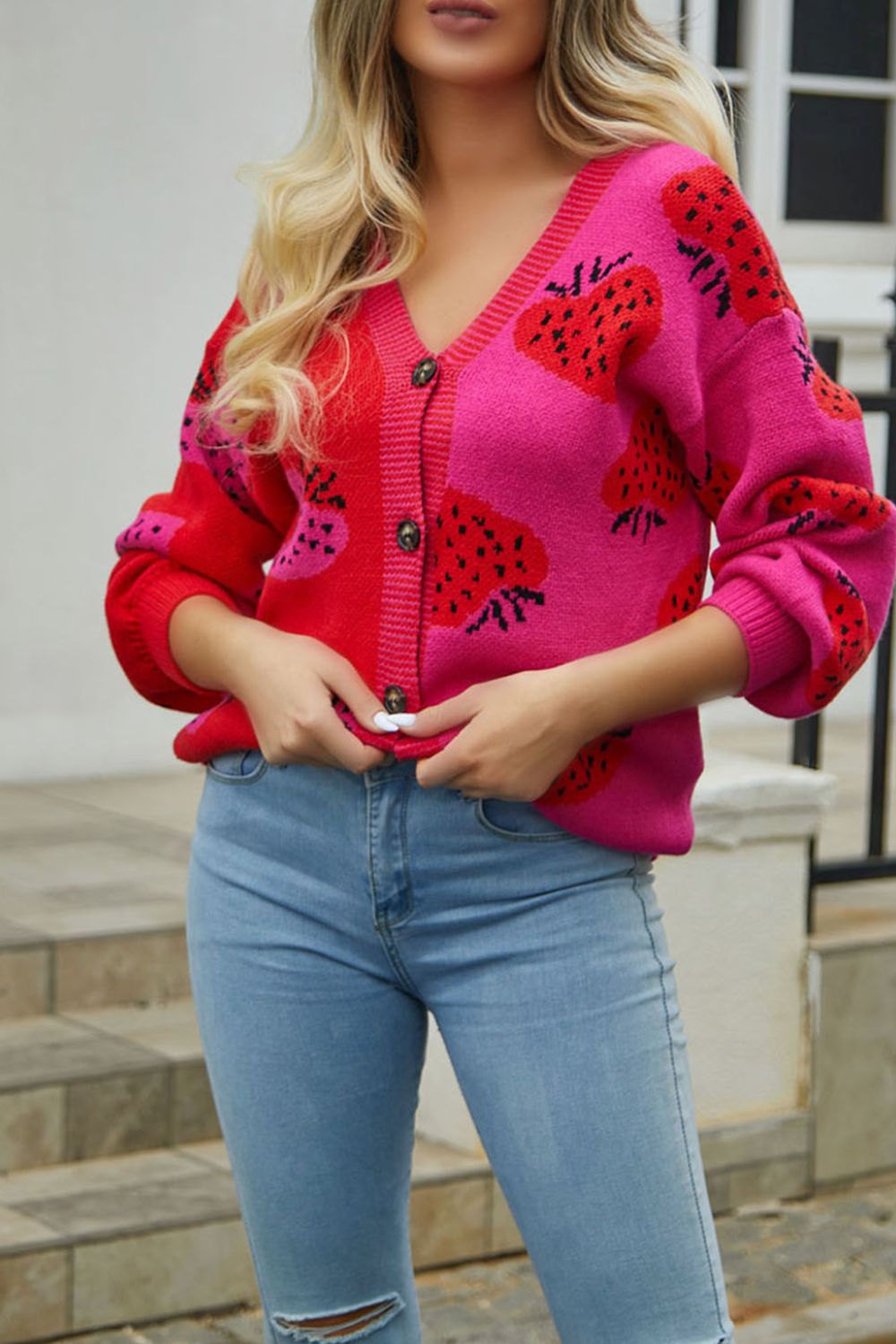 Strawberry Printed V-Neck Button-Down Long Sleeve Cardigan
