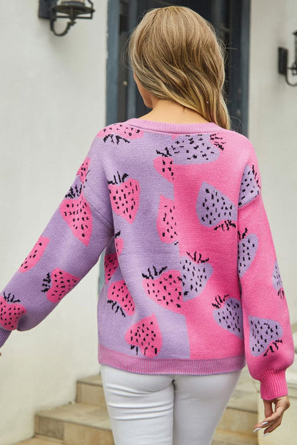 Strawberry Printed V-Neck Button-Down Long Sleeve Cardigan