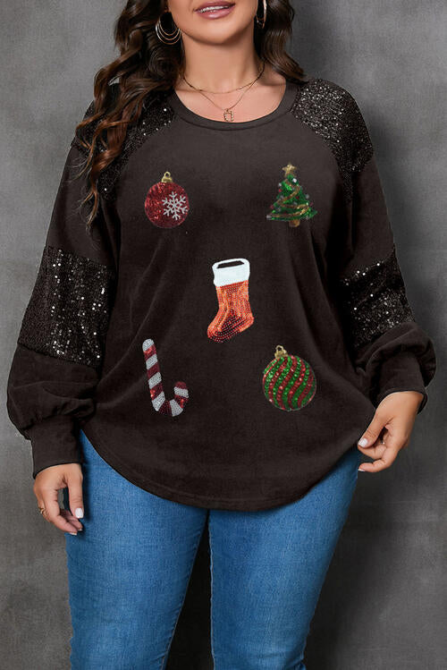 Plus Size Christmas Element Sequin Long Sleeve Sweatshirt