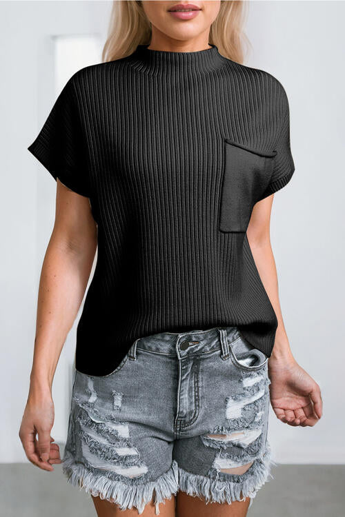 Ribbed Mock Neck Short Sleeve Knit Top