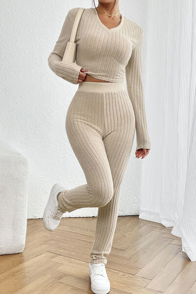 Ribbed V-Neck Long Sleeve Cropped Top and Pants Set