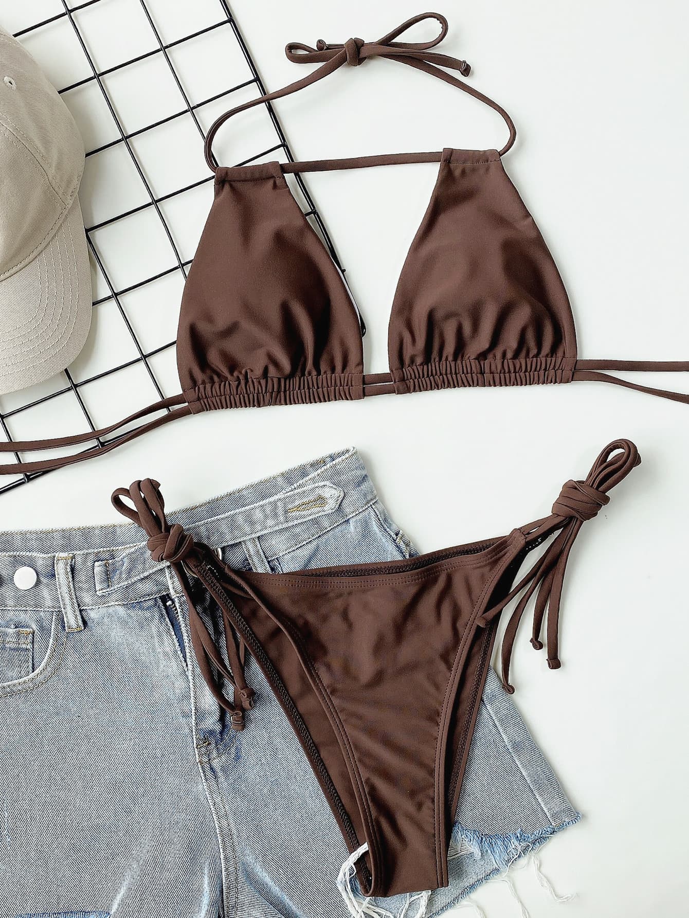 Mocha Halter Neck Ruched Bikini Set