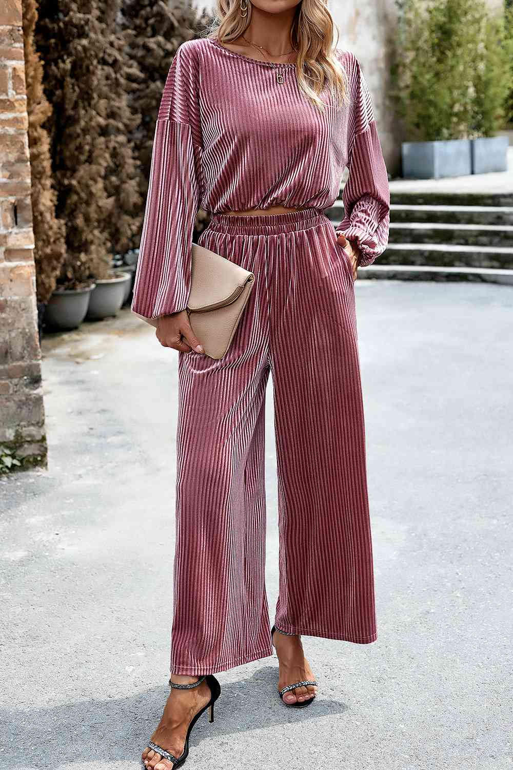 Round Neck Dropped Shoulder Top and Elastic Waist Pants Set