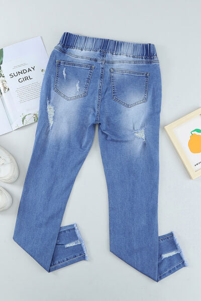Drawstring Distressed Raw Hem Jeans with Pockets