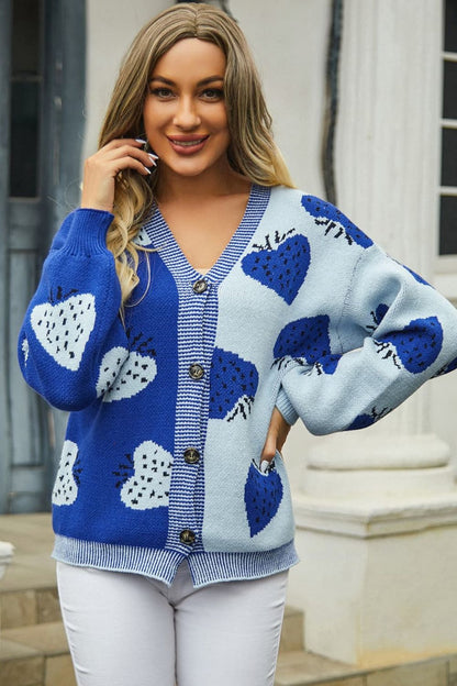 Strawberry Printed V-Neck Button-Down Long Sleeve Cardigan