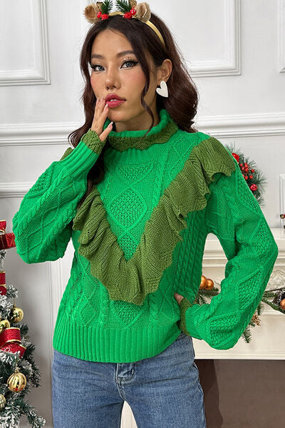 Cable-Knit Ruffled Mock Neck Lantern Sleeve Sweater