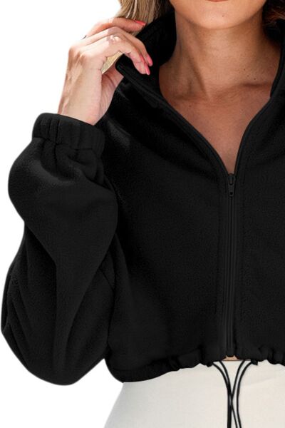 Drawstring Zip Up Dropped Shoulder Outerwear